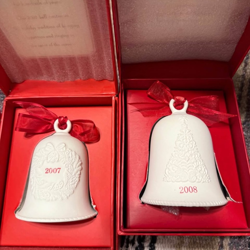 Vintage Hallmark White Porcelain Bell Ornaments with Red Accents/Very Rare